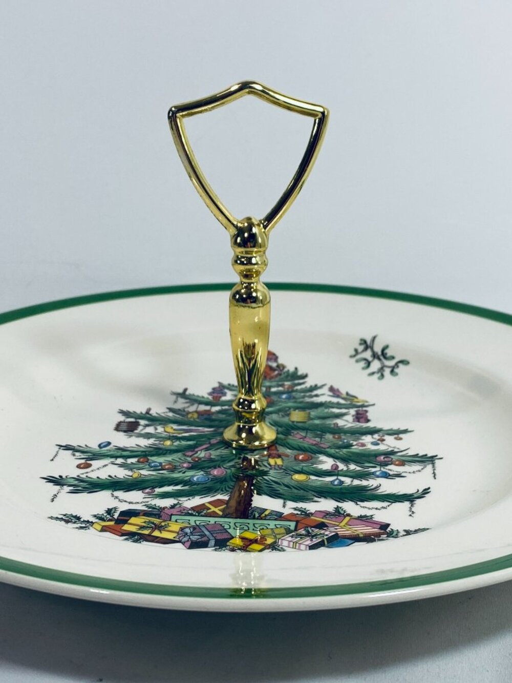 VNTG Spode Single-Tier Tidbit Tray S3324j Christmas Tree Gold Handle 10.5" Plate